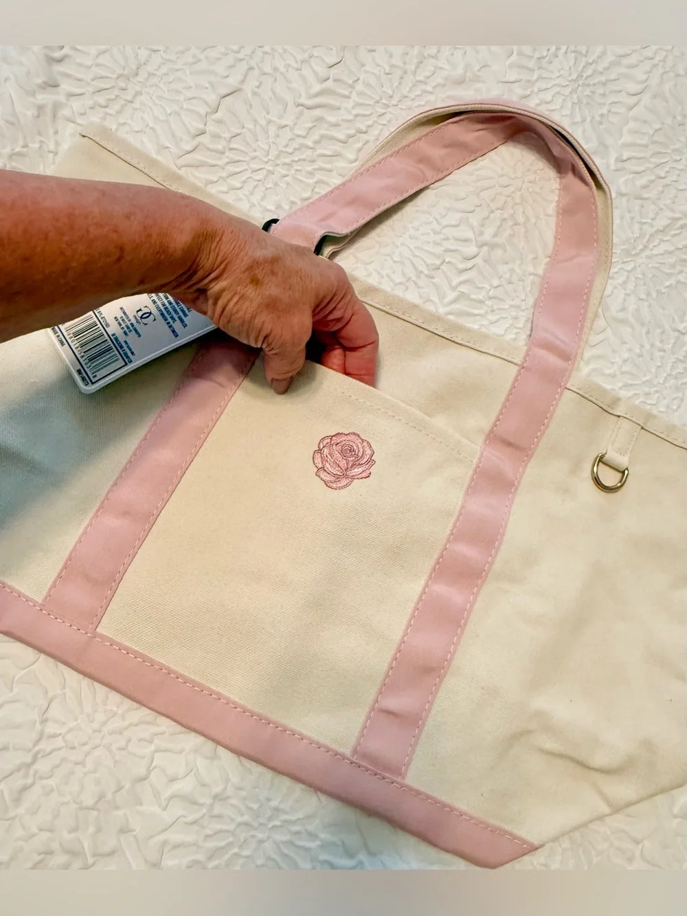 Tote bag- GC Design - white pink w/embroidered rose.  NEW w/tags. 11x18x6.5
